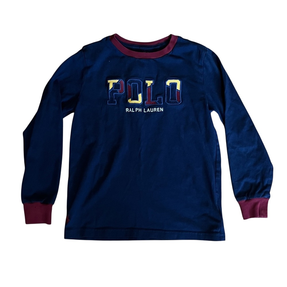 Polo Ralph Lauren Boys Navy Blue Long Sleeve Patchwork Logo Graphic Tee Shirt 6